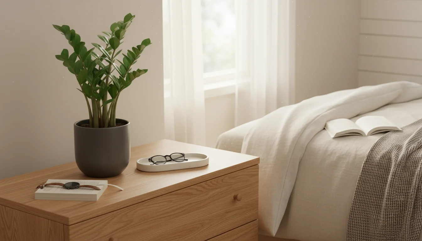 A vibrant ZZ plant with dark green leaves in a grey pot on a wooden dresser. Beside it are reading glasses and a watch in a small dish.