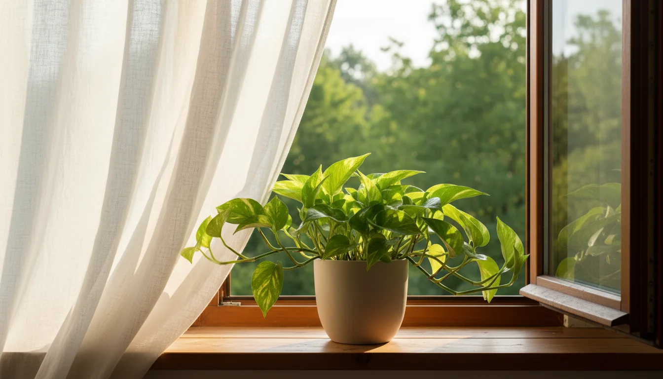 Vibrant Pothos plant on a natural wood windowsill with an open window, sheer curtains, and a subtle air purifier.