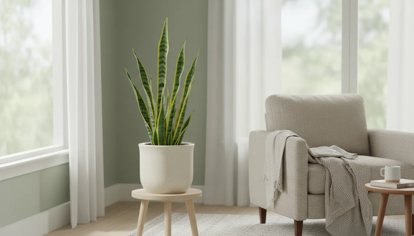 A vibrant Snake Plant in a cream pot on a light wood stool in a sunlit bedroom corner, with a neutral armchair and throw.