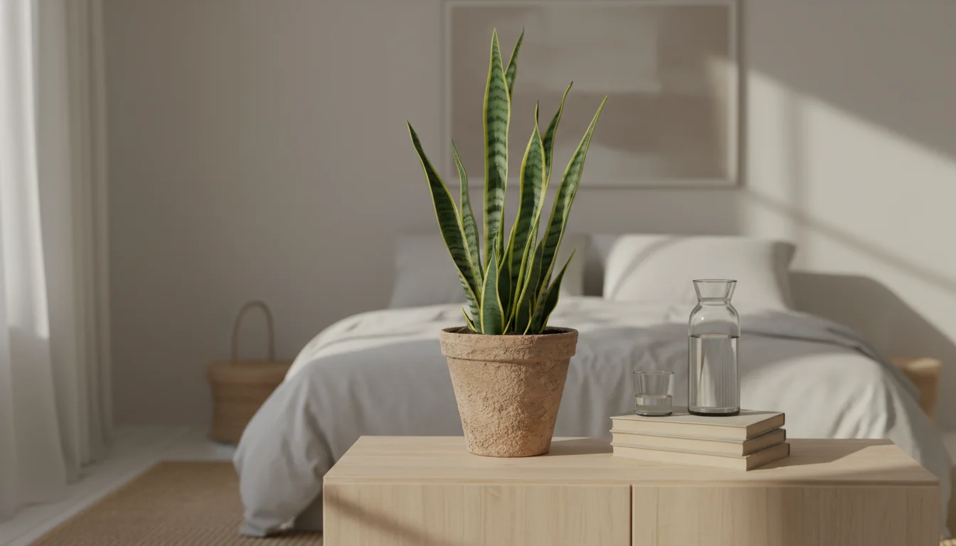 A vibrant snake plant in a textured terracotta pot on a light wood dresser, next to calming books and a glass carafe, in a serene, organized bedroom.