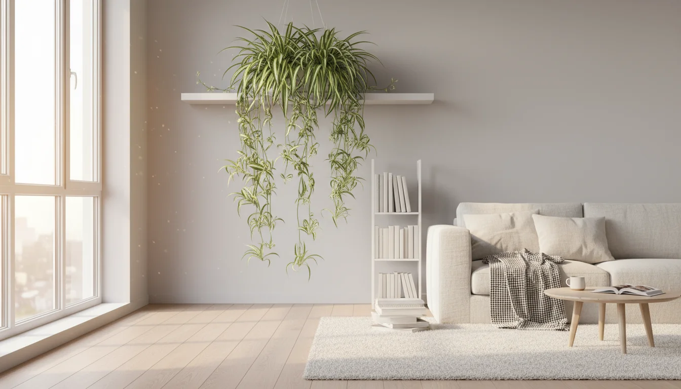A vibrant spider plant with long, cascading spiderettes sits in a grey pot on a high white shelf in a sunlit, organized home.