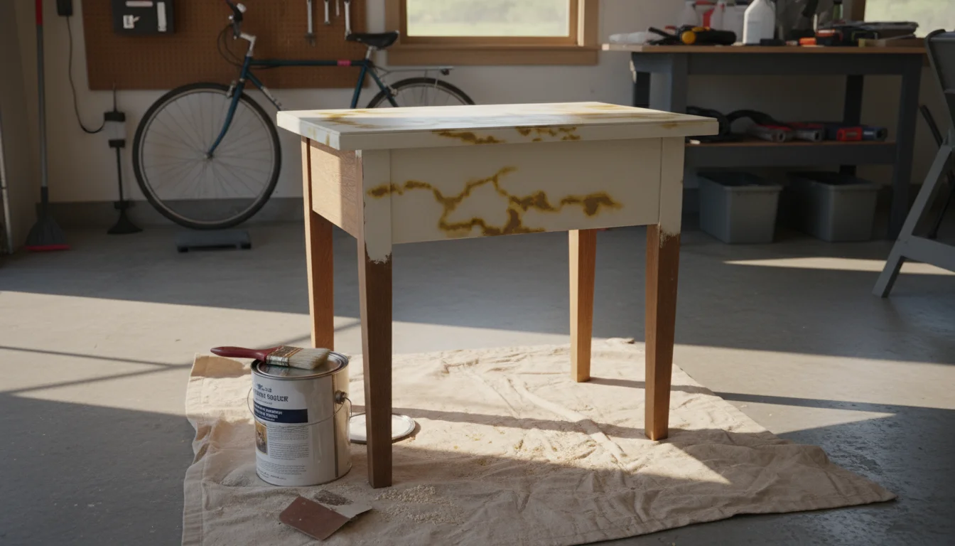 Vintage side table in a garage with a yellow-brown bleed-through stain on its freshly painted off-white top, beside stain-blocking primer and sandpape