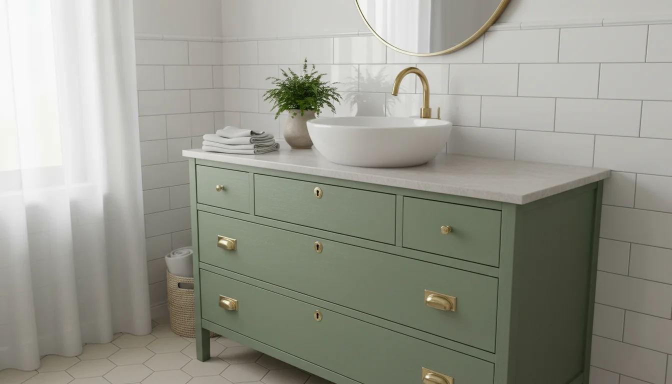 A vintage wooden dresser, painted sage green, repurposed as a bathroom vanity with a modern sink and brass faucet, neatly organized.