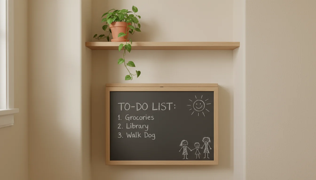 Wall-mounted fold-down desk closed against a wall, showing its chalkboard side with a handwritten list and a child's drawing.
