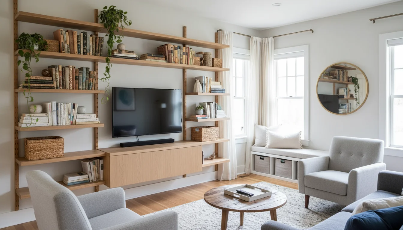 Wall-mounted shelves and a cabinet neatly organize books, plants, and baskets in a sunlit living room, making it feel more spacious.