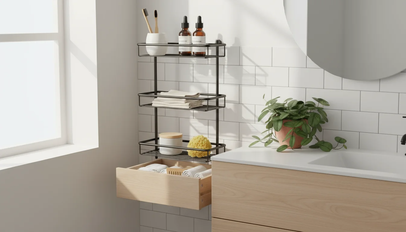 Wall-mounted three-tiered caddy above a partially open organized bathroom drawer in a bright, clean corner.