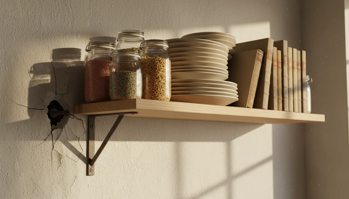 Wall-mounted wooden shelf in a kitchen, sagging under heavy items like plates and jars, with a metal bracket visibly pulling away from the drywall.