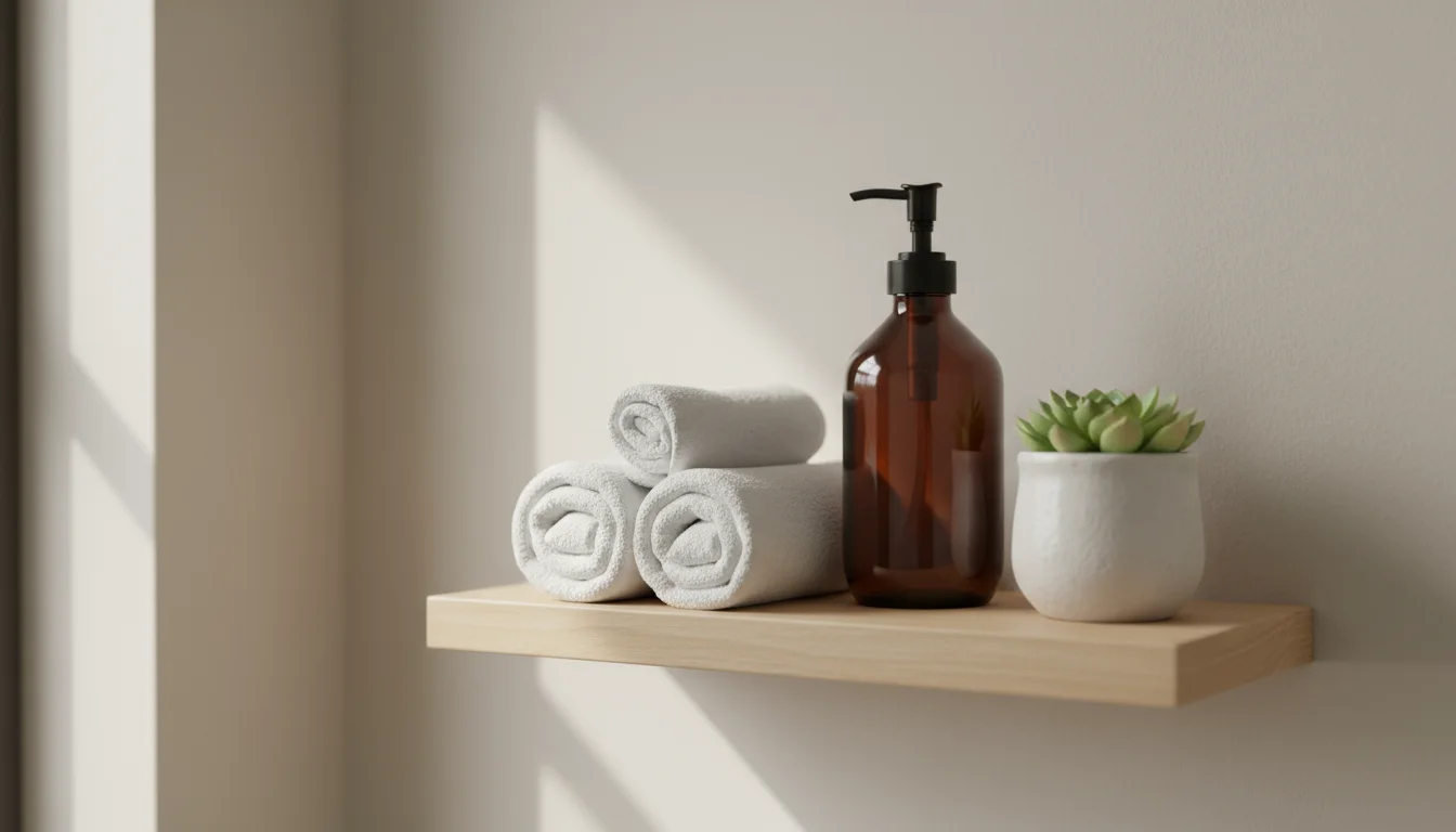 Wall-mounted wooden shelf with rolled white towels, amber soap dispenser, and small succulent in a bright, organized bathroom.
