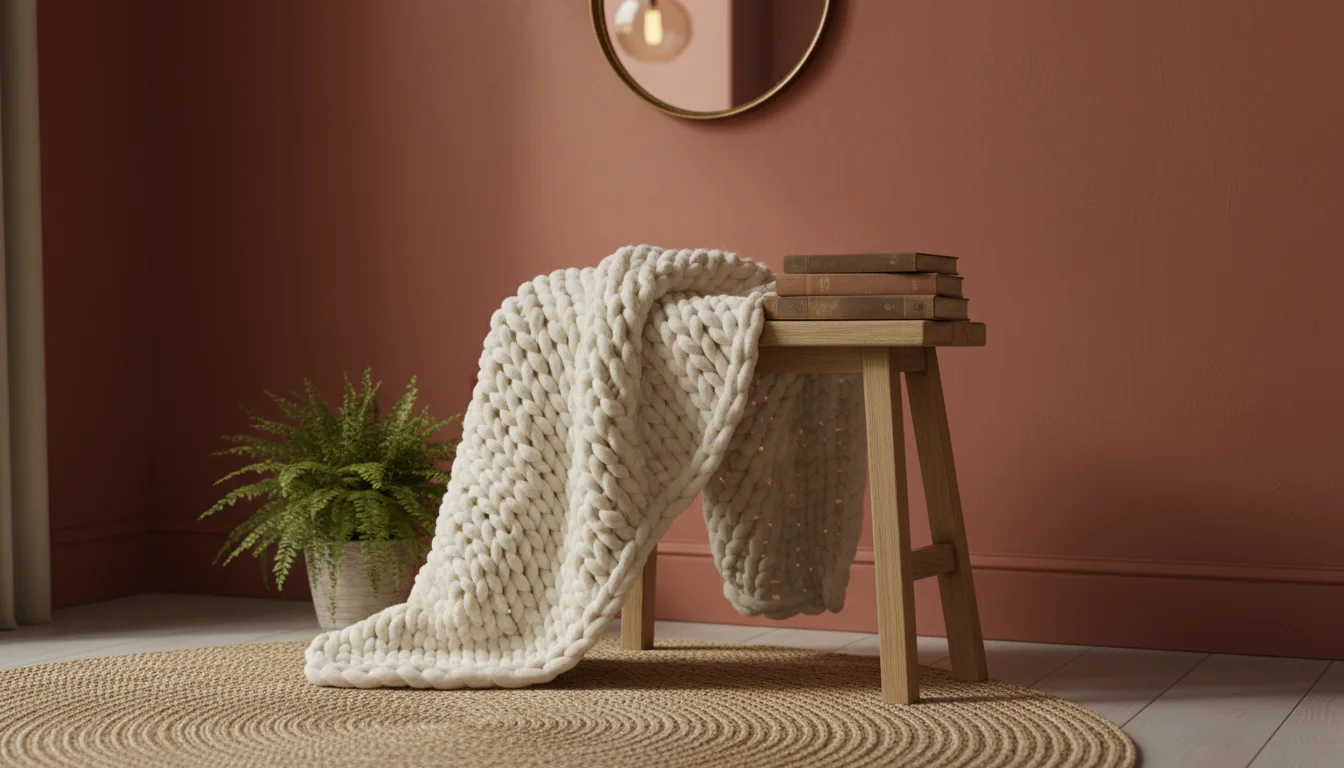 A close-up of a wall painted muted terracotta red, featuring a light oak stool draped with a cream knit throw.