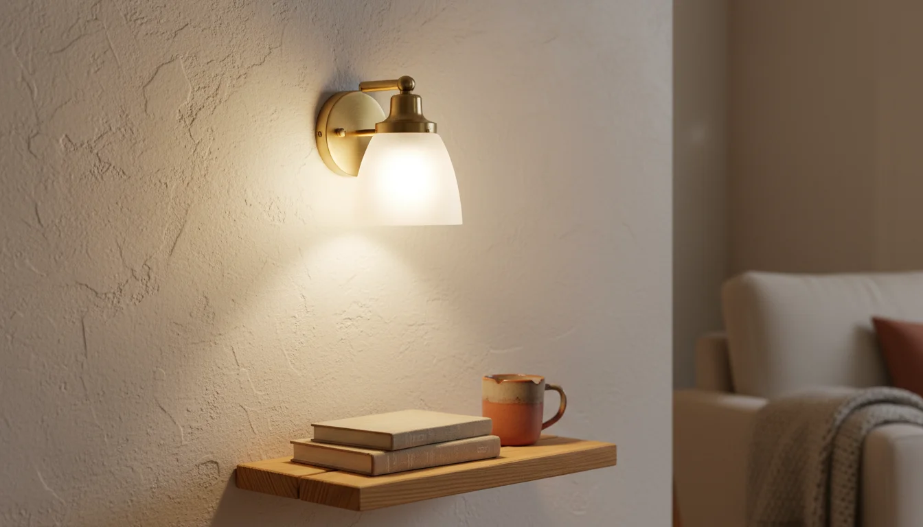 A wall sconce on a textured off-white wall casts warm uplight and downlight, illuminating a narrow wooden shelf with books and a mug.