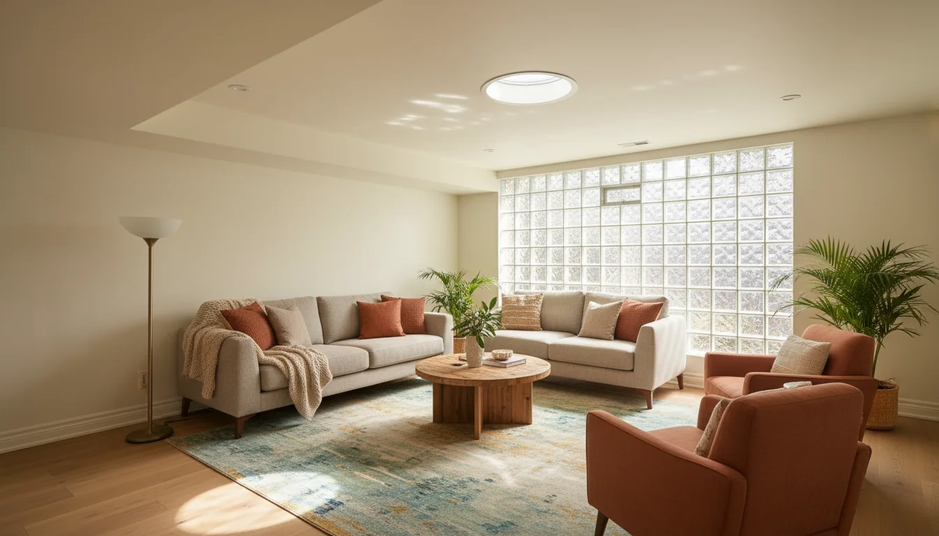 A warm basement living room with a sun tube in the ceiling, a wall of glass blocks, and an uplighting floor lamp, making the space bright and inviting