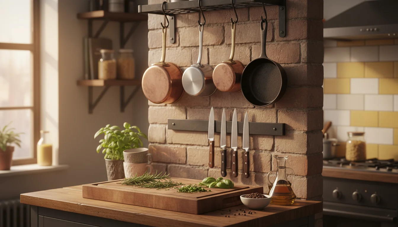 A warm, compact kitchen featuring a wall-mounted pot rack with pots, and a magnetic knife strip with knives. A cutting board and fresh herbs are on th