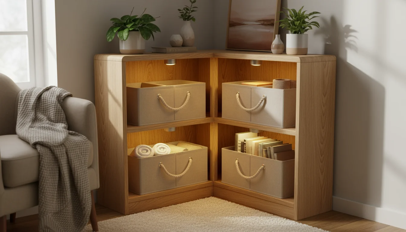 Warm glow from a discrete puck light illuminating light-colored fabric bins on a natural wood corner shelf in a cozy room.