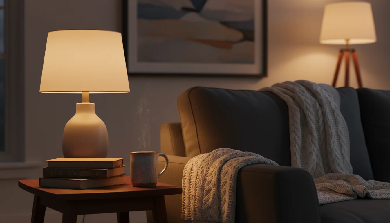 Warm, golden light from a table lamp illuminates a cozy armchair, knitted blanket, mug of tea, and books in a living room.