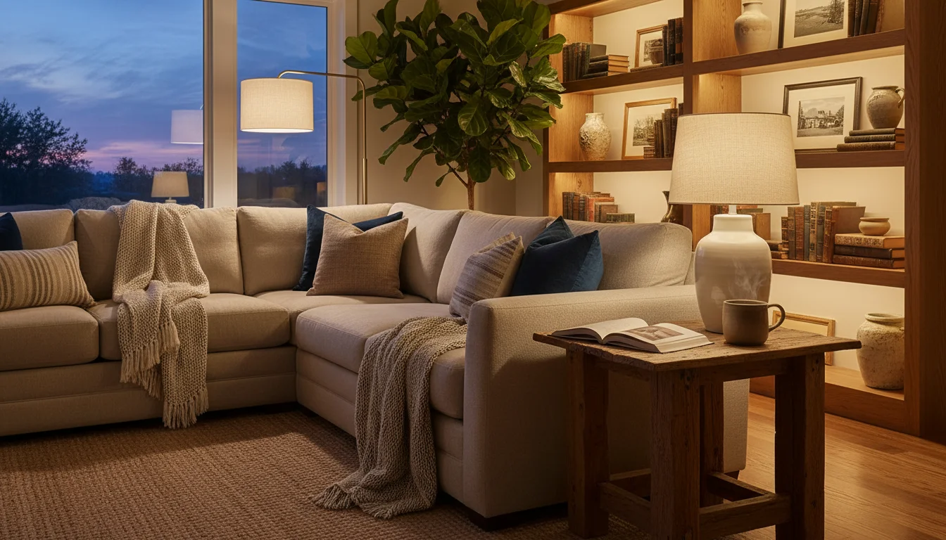 A warm, inviting living room corner at dusk, showing layered lighting from a table lamp, floor lamp, plant uplight, and LED shelves.