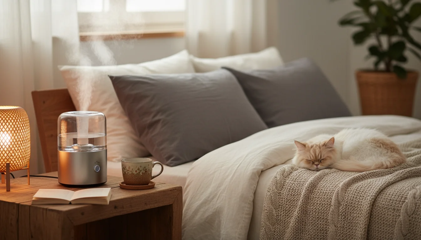 A warm mist humidifier with visible steam sits on a nightstand with a mug and tissue box beside a bed.
