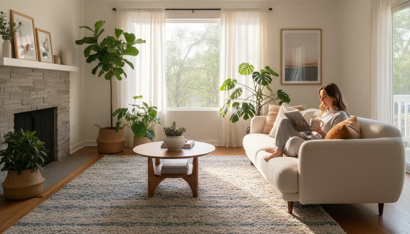 Warm morning sunlight illuminates a cozy living room where a person reads on a sofa, surrounded by plants and a simple coffee table.