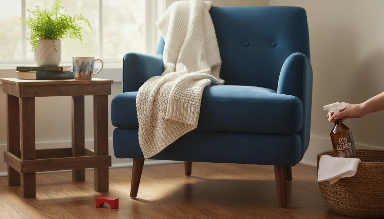 Warm, naturally lit living room corner: comfortable armchair with rumpled throw, books, plant, and a subtle cleaning spray bottle, emphasizing realist