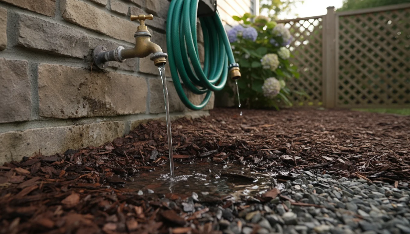 Water actively draining from an outdoor house spigot onto the ground, with a neatly coiled garden hose hanging nearby.
