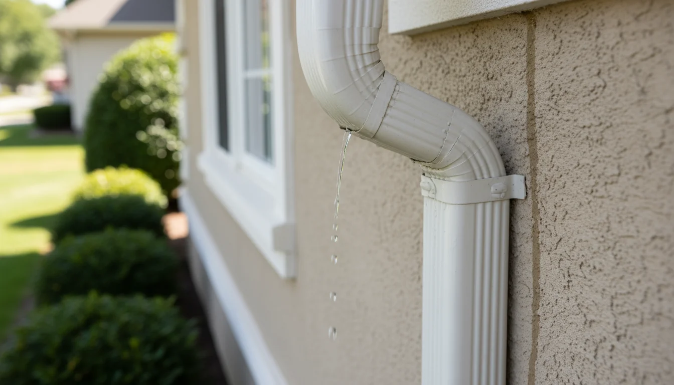 Water drips from a leaky gutter seam onto the siding of a home, creating a wet streak.