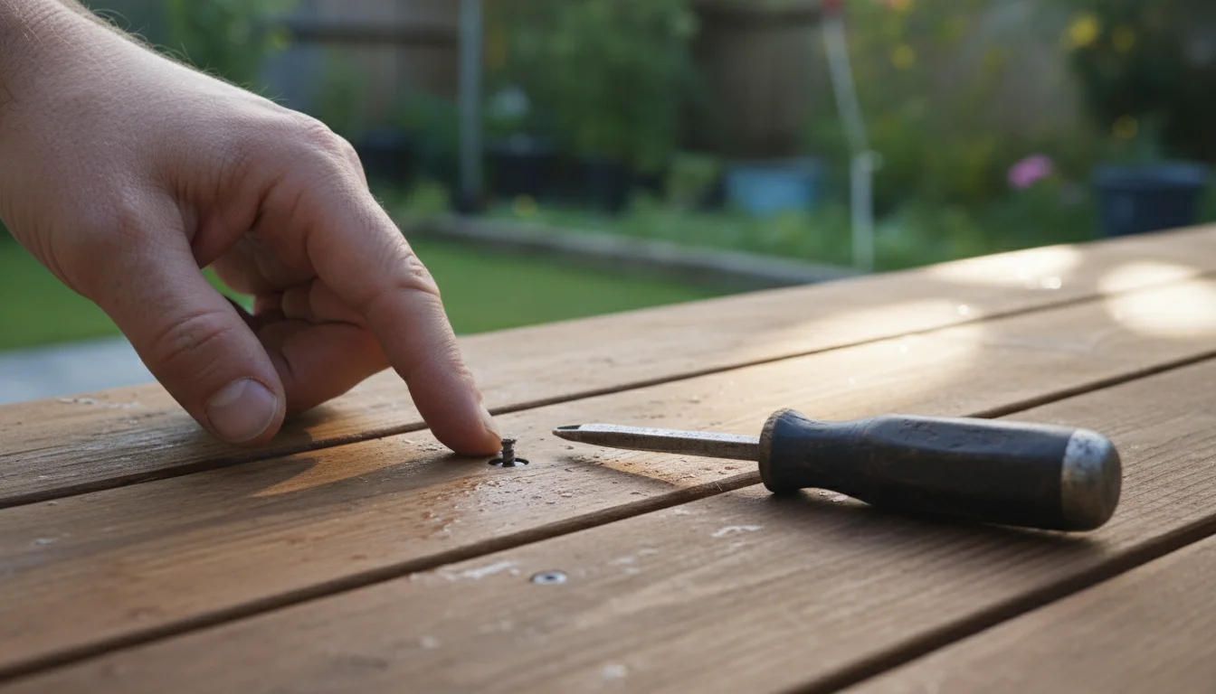 A weathered hand gently touches a wooden deck board near a slightly raised screw. A screwdriver lies on the wood.