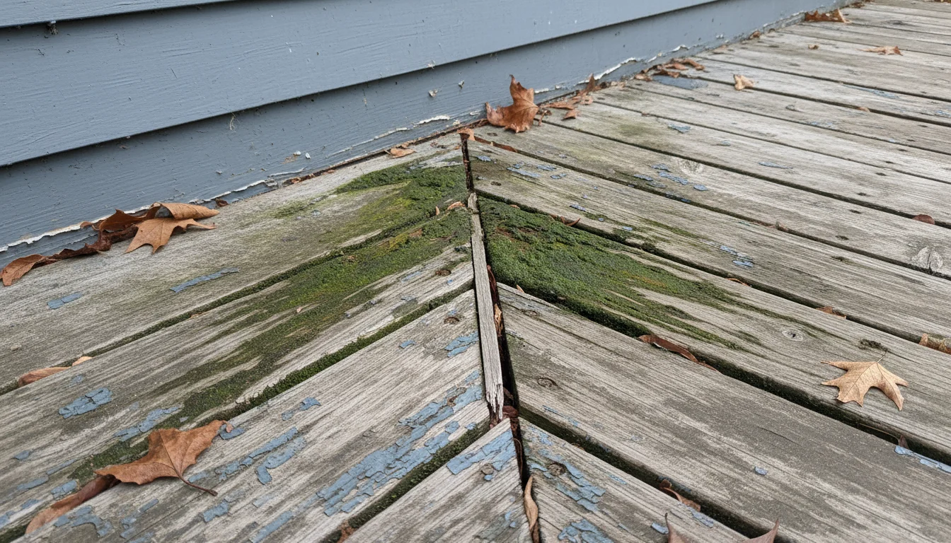 Weathered wooden deck corner showing green algae, peeling stain, and a splintered board near a house wall.