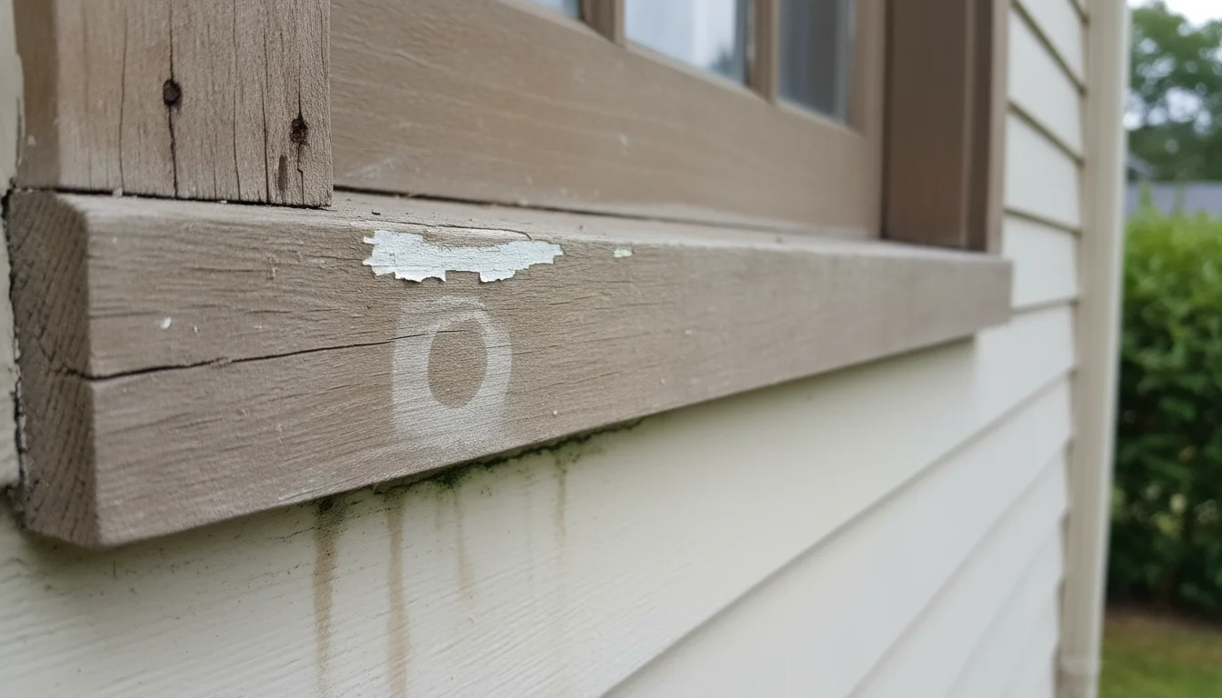 Close-up of a weathered wooden window frame showing peeling paint and water stains on the sill and adjacent light-colored siding.