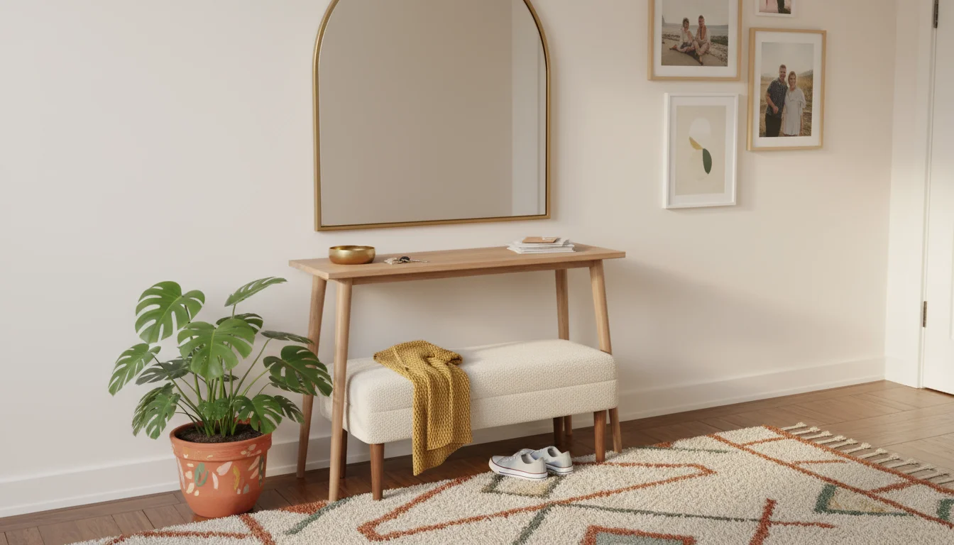 A welcoming home entryway featuring a slim console table with an arched mirror, a small upholstered bench with sneakers, a soft rug, and a potted plan