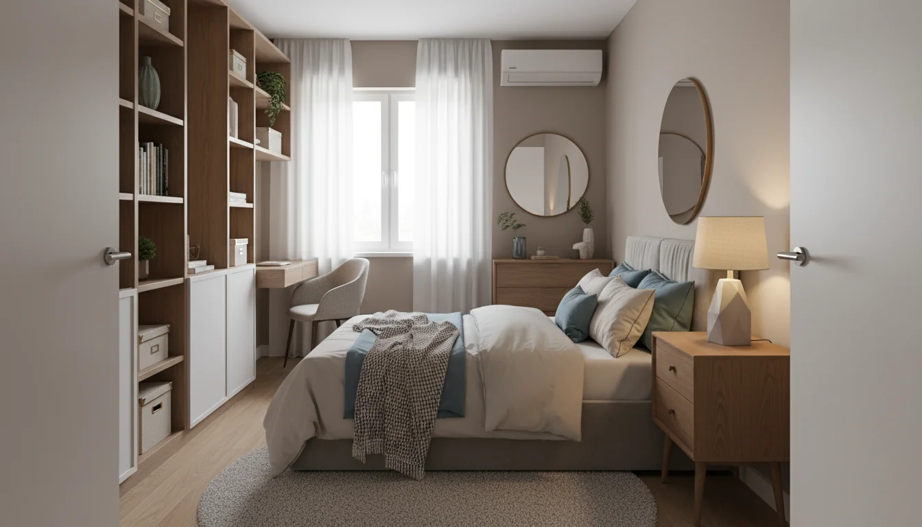 A well-arranged, cozy bedroom with a bed, nightstand, and tall dresser, bathed in natural light from a window where a person opens a sheer curtain.