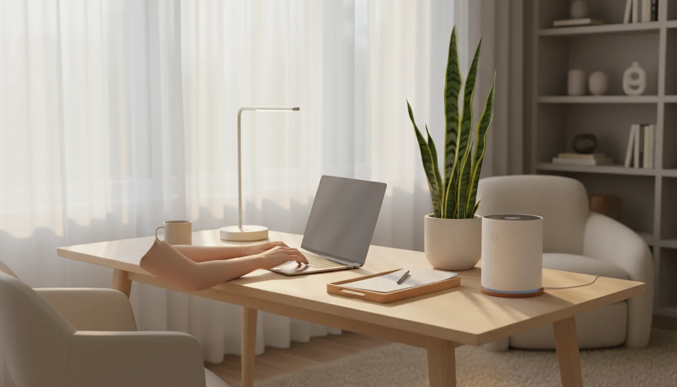 A well-lit home office with natural light, a person typing at a light wood desk, a snake plant, and a subtle air purifier for comfort.