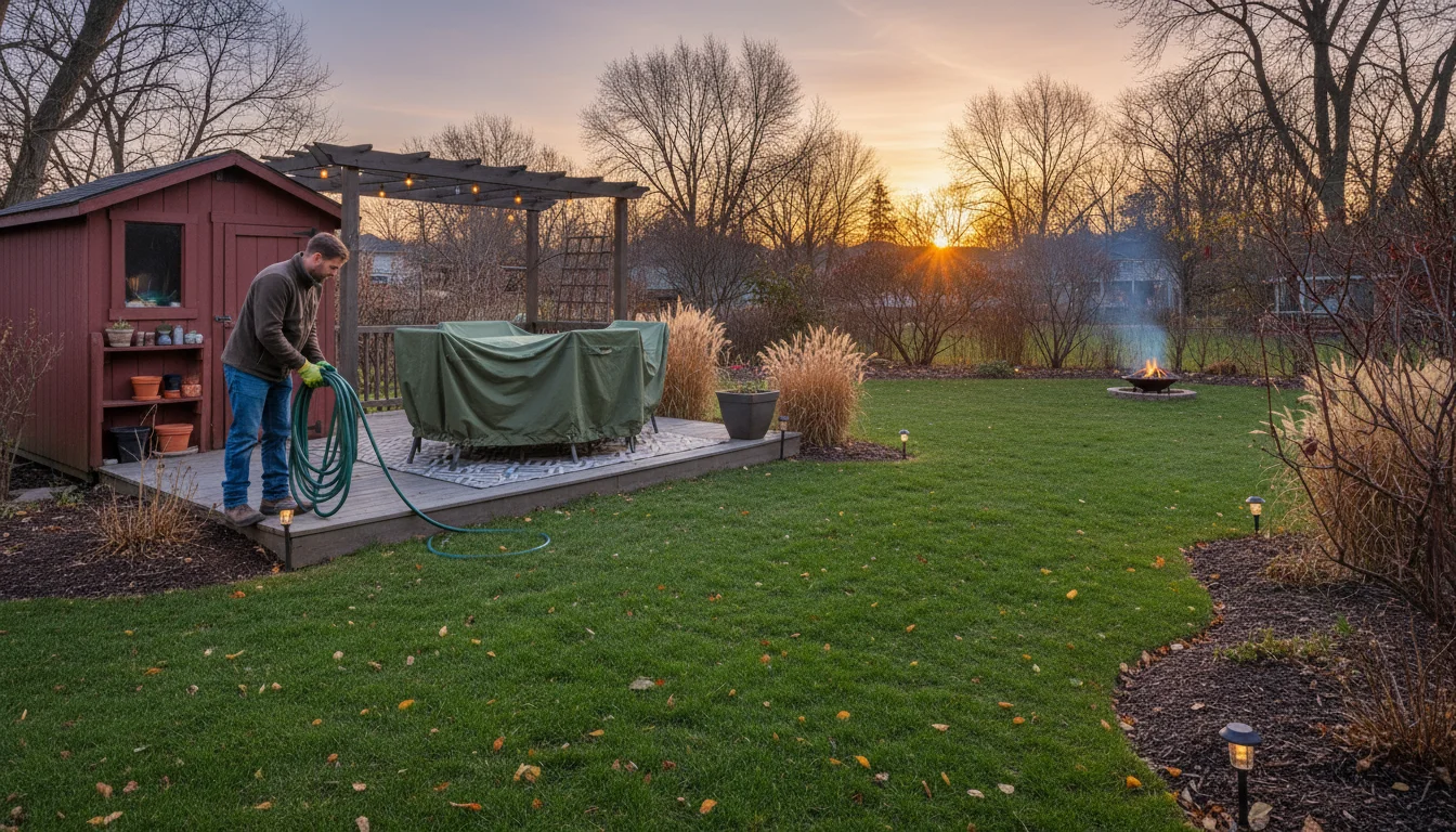 A well-maintained backyard in late autumn with covered patio furniture, neatly mulched garden beds, and a person coiling a garden hose near a shed.