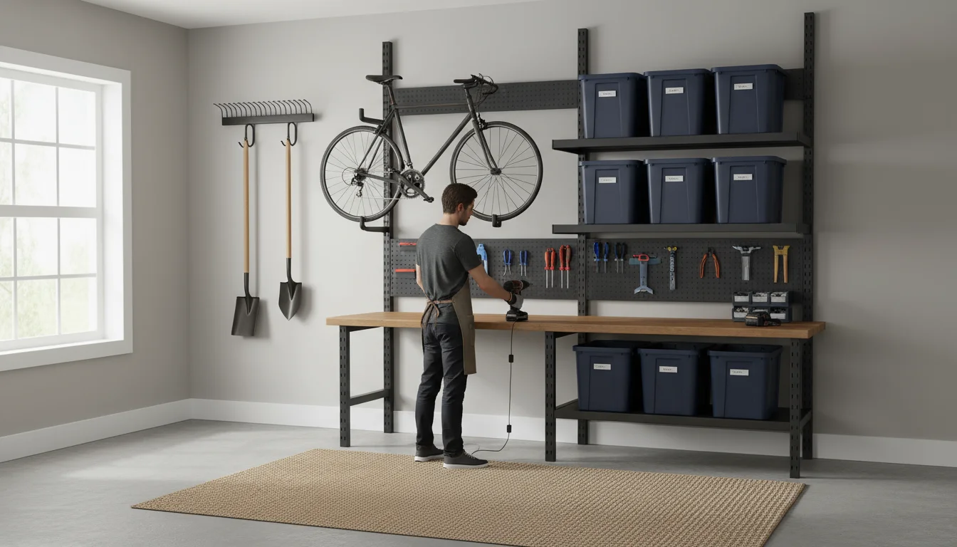 A well-organized garage wall with heavy-duty storage: garden tools, a bicycle, and storage bins neatly mounted. A person stands at a workbench.