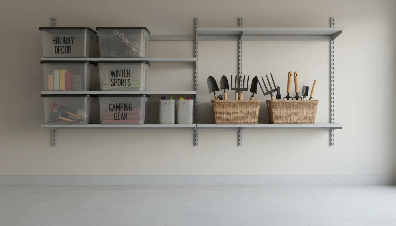 Medium shot of a well-organized garage wall with a light grey adjustable wall-mounted shelving system holding clear bins and gardening tools.