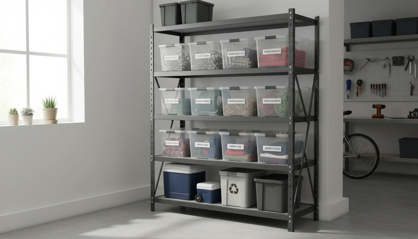 Well-organized heavy-duty metal shelving unit in a garage with labeled bins, tools, and a glimpse of a bicycle, demonstrating practical storage.