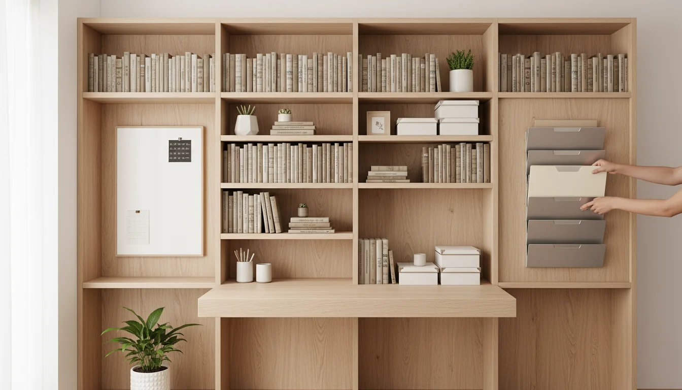 A well-organized home office wall with a light-colored modular wall storage system and integrated floating desk. Hands are placing a file.