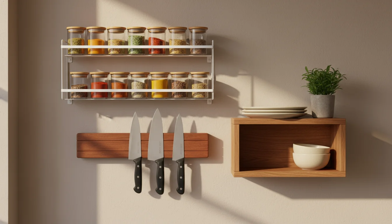 A well-organized kitchen wall features a wooden magnetic knife strip, a white wall-mounted spice rack, and an open shelf with dishes and pasta, with a