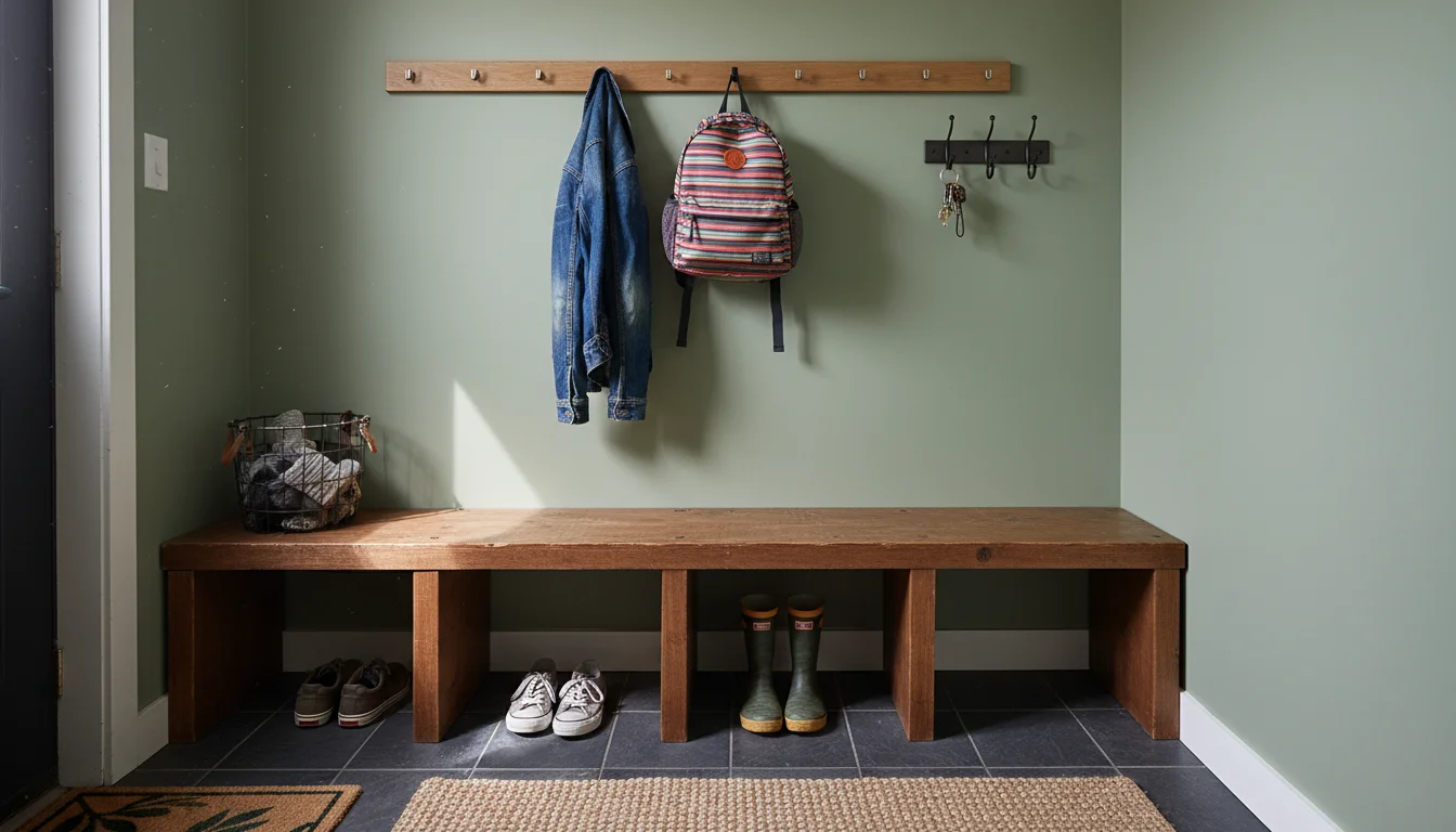 A well-organized mudroom area with a bench, shoe cubbies, peg rail for jackets and a backpack, key hooks, and a basket on a shelf.
