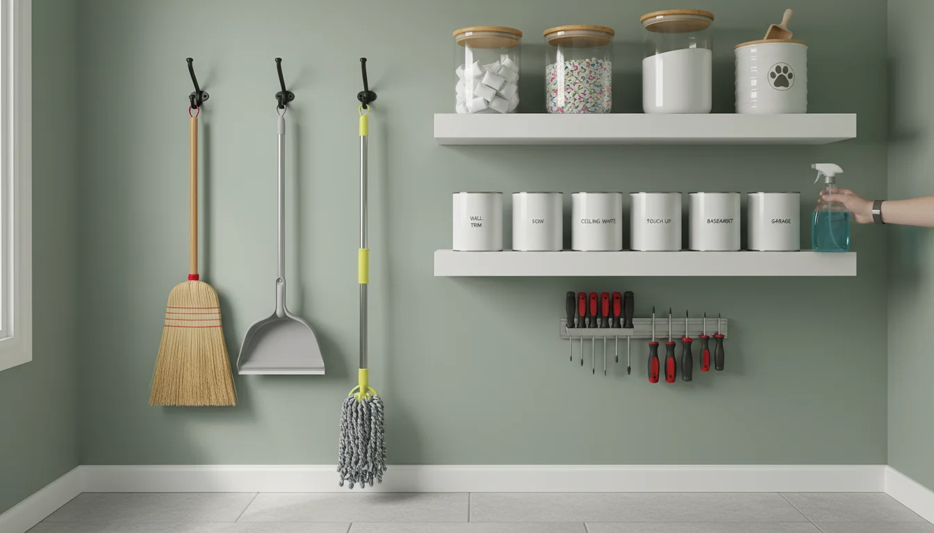 A well-organized utility room wall with hooks holding cleaning tools, deep shelves for supplies, and a magnetic strip for small tools. A hand reaches 