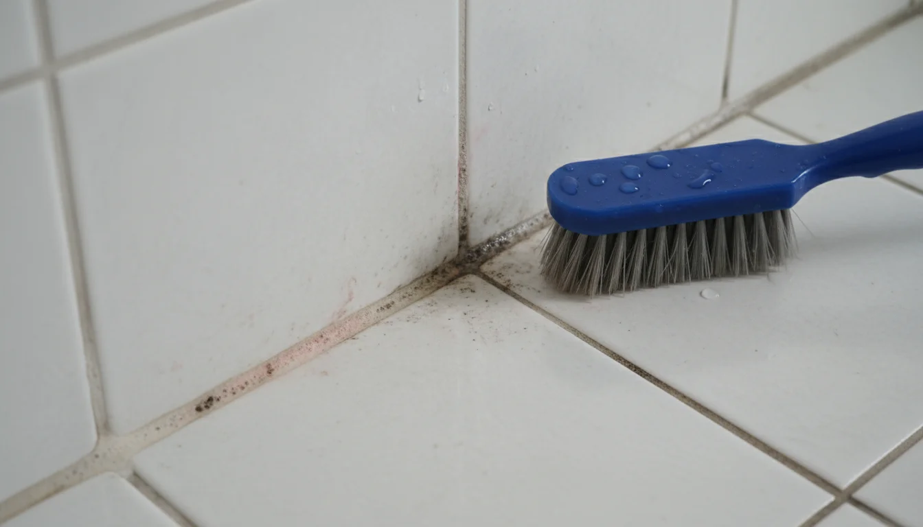 Close-up of white bathroom floor tiles with discolored light gray grout lines, showing dark patches, pink mildew, and soap scum.