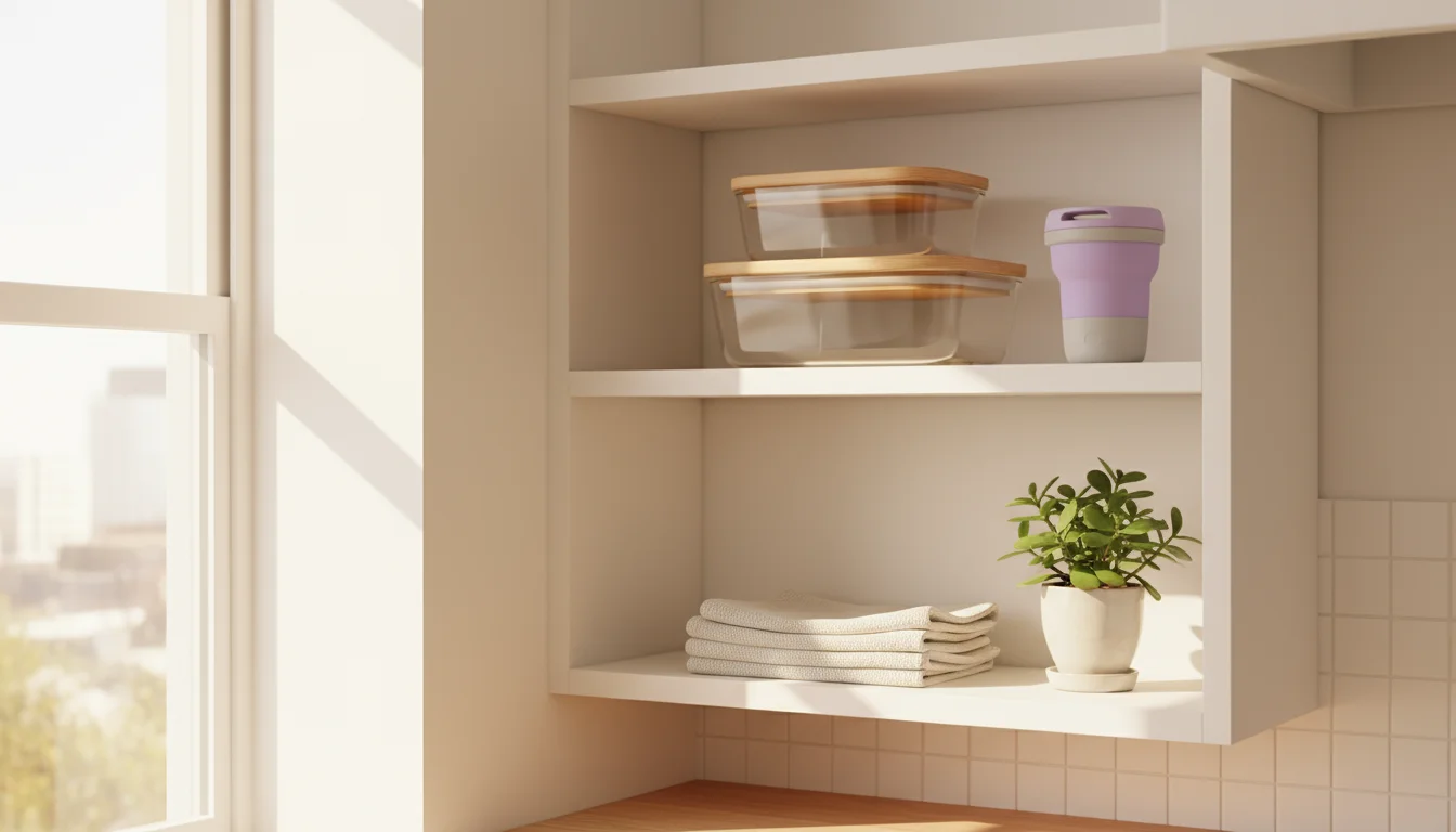 White kitchen shelf with nested glass food containers, a collapsed travel mug, linen napkins, and a mesh produce bag.