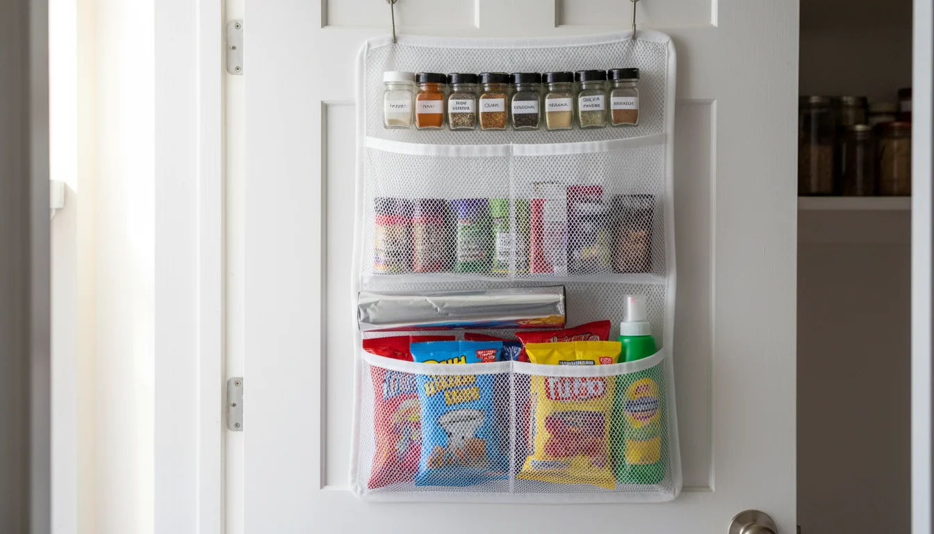 White mesh over-the-door pantry organizer on a simple white door, filled with spice jars, foil, snack bags, and a cleaning spray bottle.