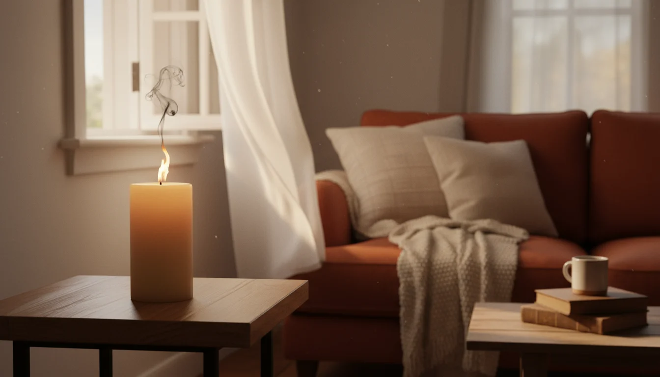 A white pillar candle on a wood table flickers near a gently billowing sheer curtain from a slightly open window, a wisp of smoke rising.