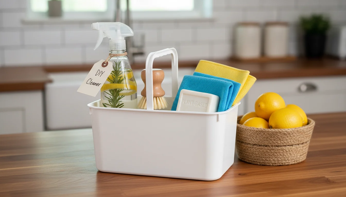 A white plastic cleaning caddy on a wooden counter contains a DIY spray bottle, colorful microfiber cloths, dish soap, and a scrub brush.