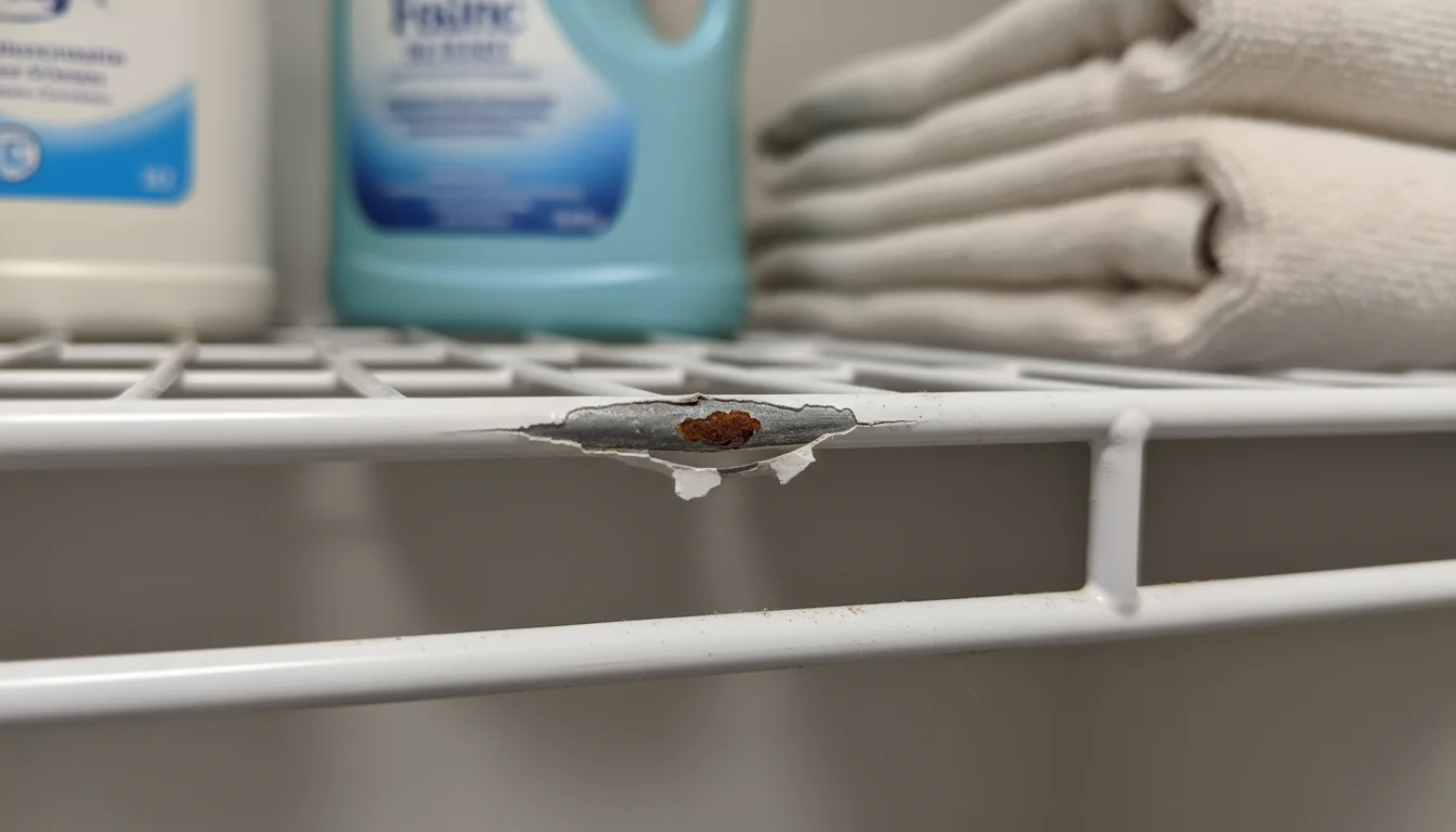 Close-up of a white wire shelf with a chipped coating and a small rust spot, illustrating wear in a humid home environment.