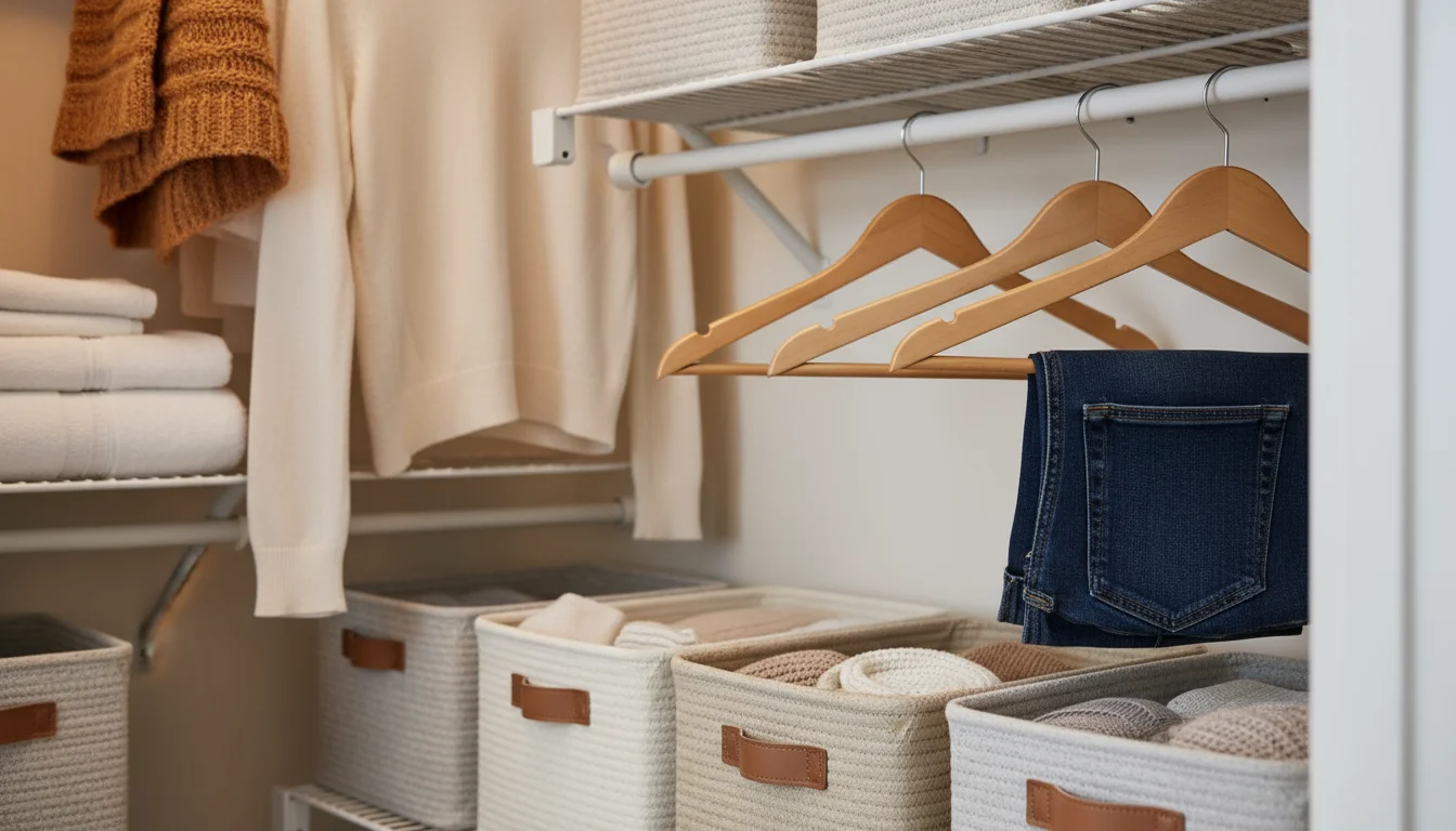 Close-up of white wire shelving in a closet, organized with neutral woven bins holding linens and wooden hangers with clothes.