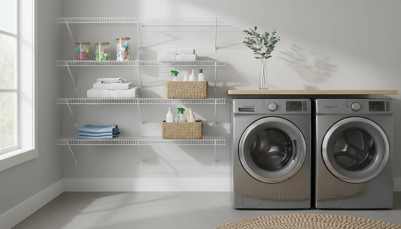 White wire shelving unit in a well-lit laundry room corner, holding practical items like towels and laundry supplies.