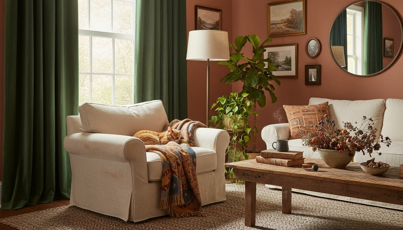 Medium shot of a window with deep forest green velvet curtains, a cream armchair, and a small side table with a mug.
