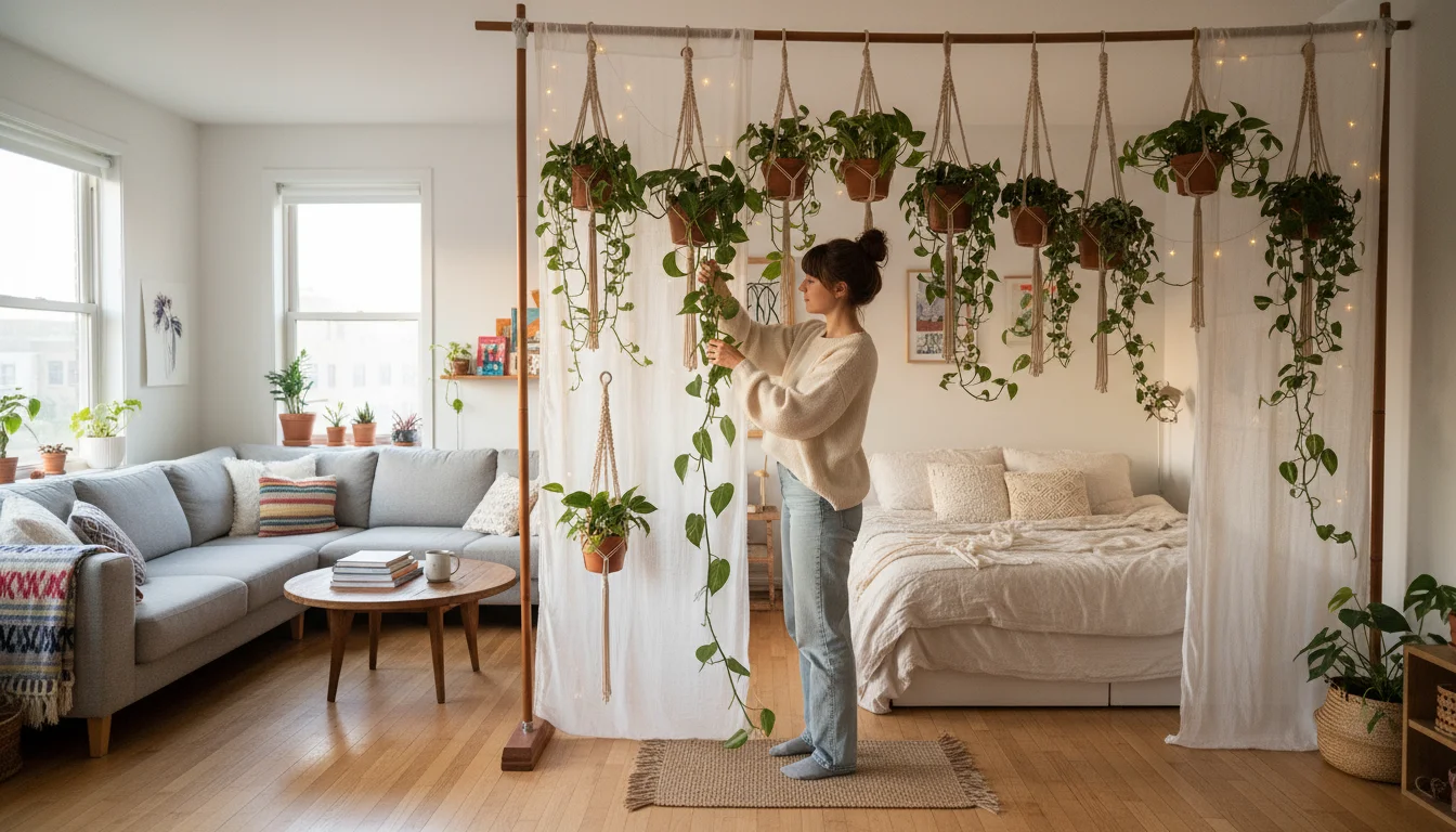 Woman adjusting a hanging plant on a DIY room divider made of natural wood tension rods, sheer fabric, plants, and fairy lights in a sunny studio.