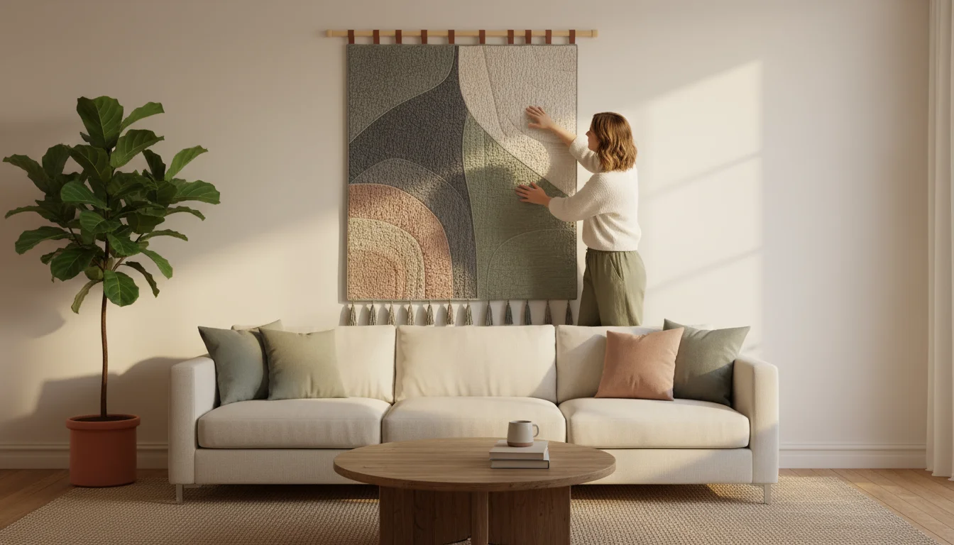 A woman adjusts a large, textured, muted-tone quilted blanket hung on a living room wall, enhancing both decor and sound absorption.
