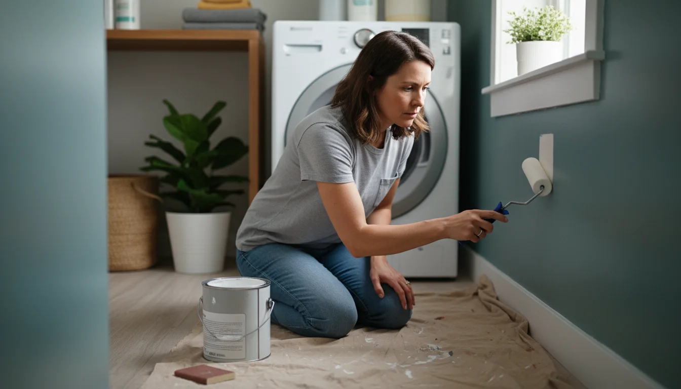 A woman carefully applies white primer to a small test patch on a painted wall in a laundry nook, with primer can and sandpaper nearby.